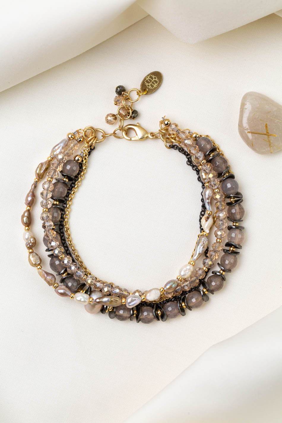 Alchemy 7.75-8.75" Freshwater Pearl, Chalcedony, Crystal Multistrand Bracelet