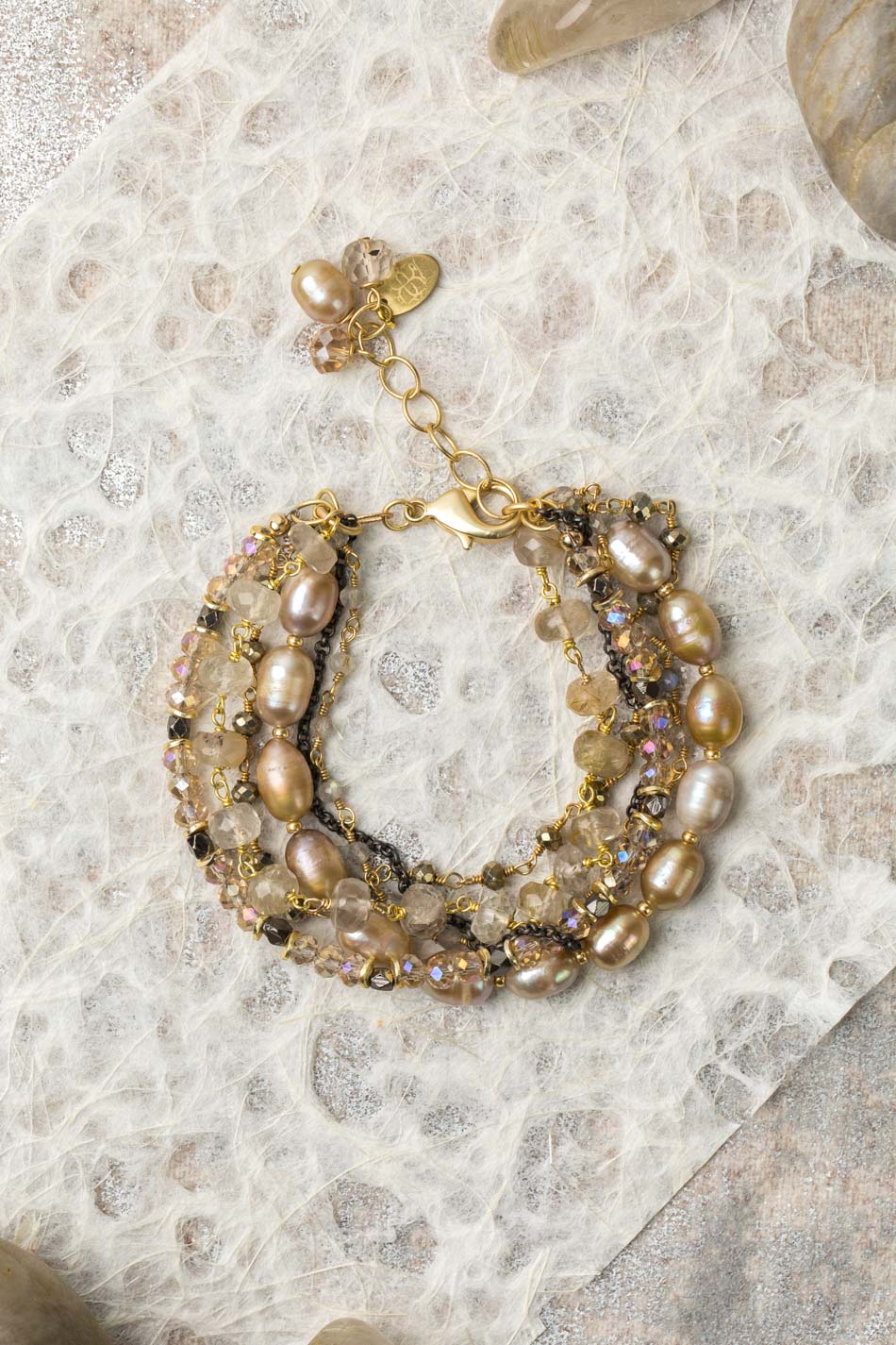 Alchemy 7.5-8.5" Pearl, Golden Rutilated Quartz, Crystal Multistrand Bracelet