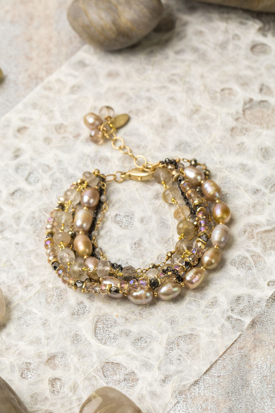 Alchemy 7.5-8.5" Pearl, Golden Rutilated Quartz, Crystal Multistrand Bracelet
