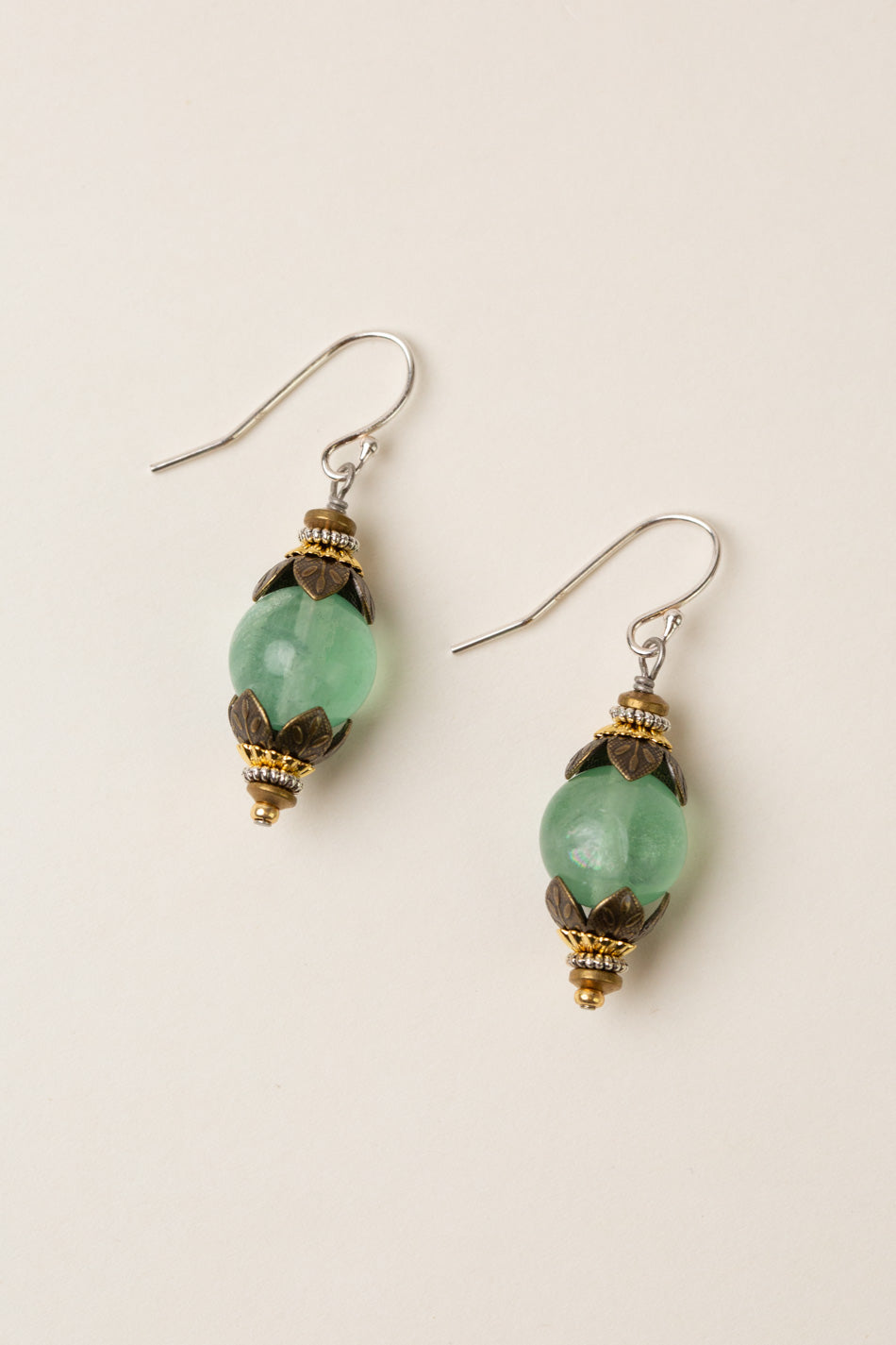 Aspire Green Fluorite With Gold Plated Brass Flowers Simple Earrings