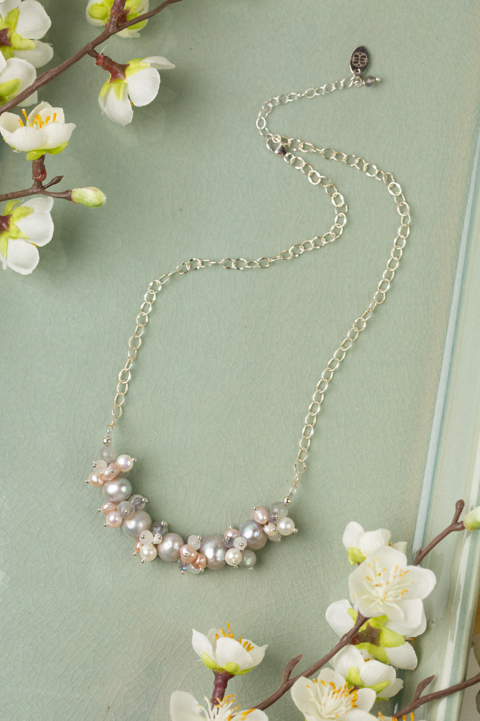 Blush 16-18" Grey Freshwater Pearl With White Freshwater Pearl, Labradorite, Rainbow Moonstone And Pink Freshwater Pearl Cluster Necklace