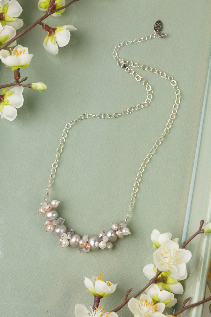 Blush 16-18" Grey Freshwater Pearl With White Freshwater Pearl, Labradorite, Rainbow Moonstone And Pink Freshwater Pearl Cluster Necklace