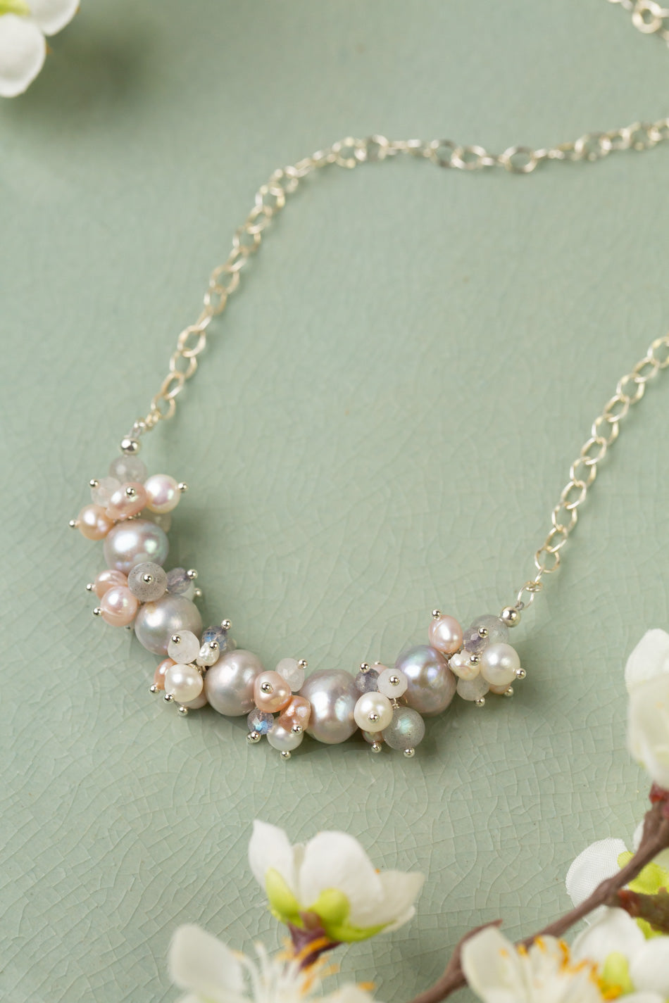 Blush 16-18" Grey Freshwater Pearl With White Freshwater Pearl, Labradorite, Rainbow Moonstone And Pink Freshwater Pearl Cluster Necklace