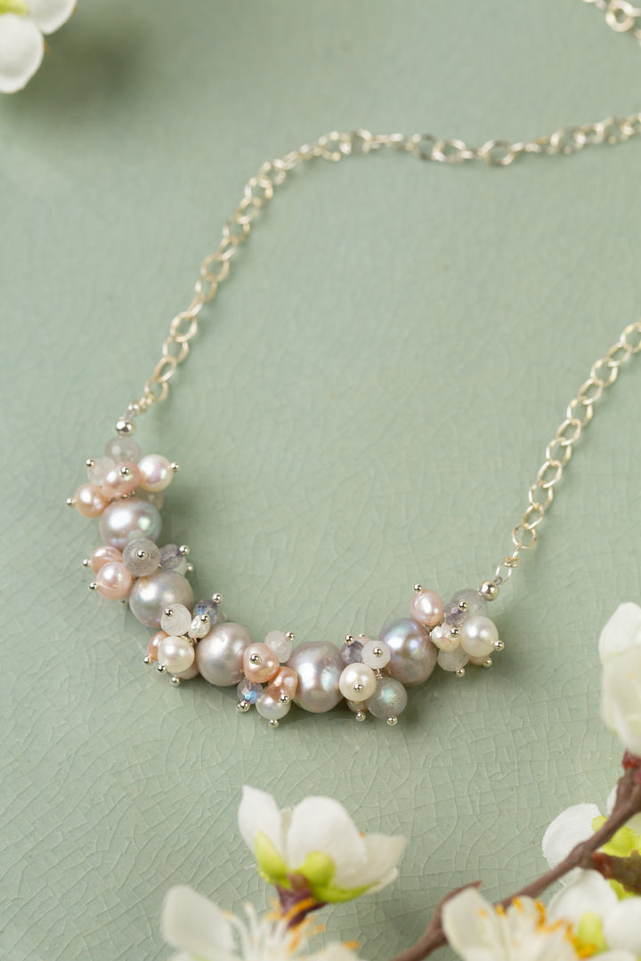 Blush 16-18" Grey Freshwater Pearl With White Freshwater Pearl, Labradorite, Rainbow Moonstone And Pink Freshwater Pearl Cluster Necklace