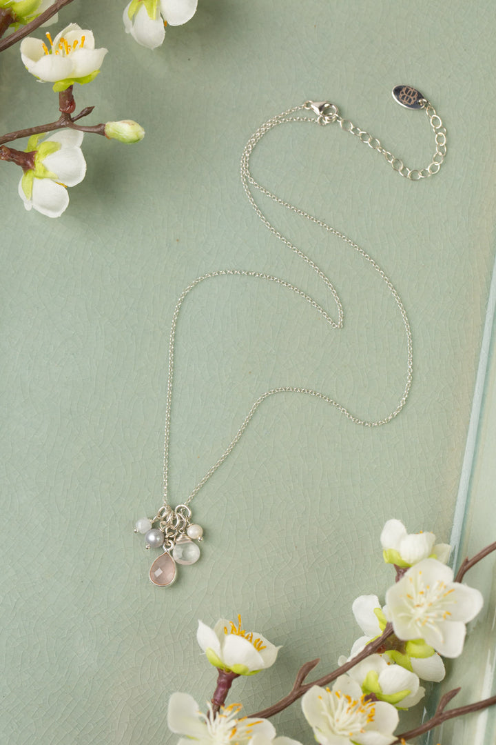 Blush 16.5-18.5" Faceted Rose Quartz Teardrop With Freshwater Pearl, Rainbow Moonstone, And Grey Freshwater Pearl Cluster Necklace