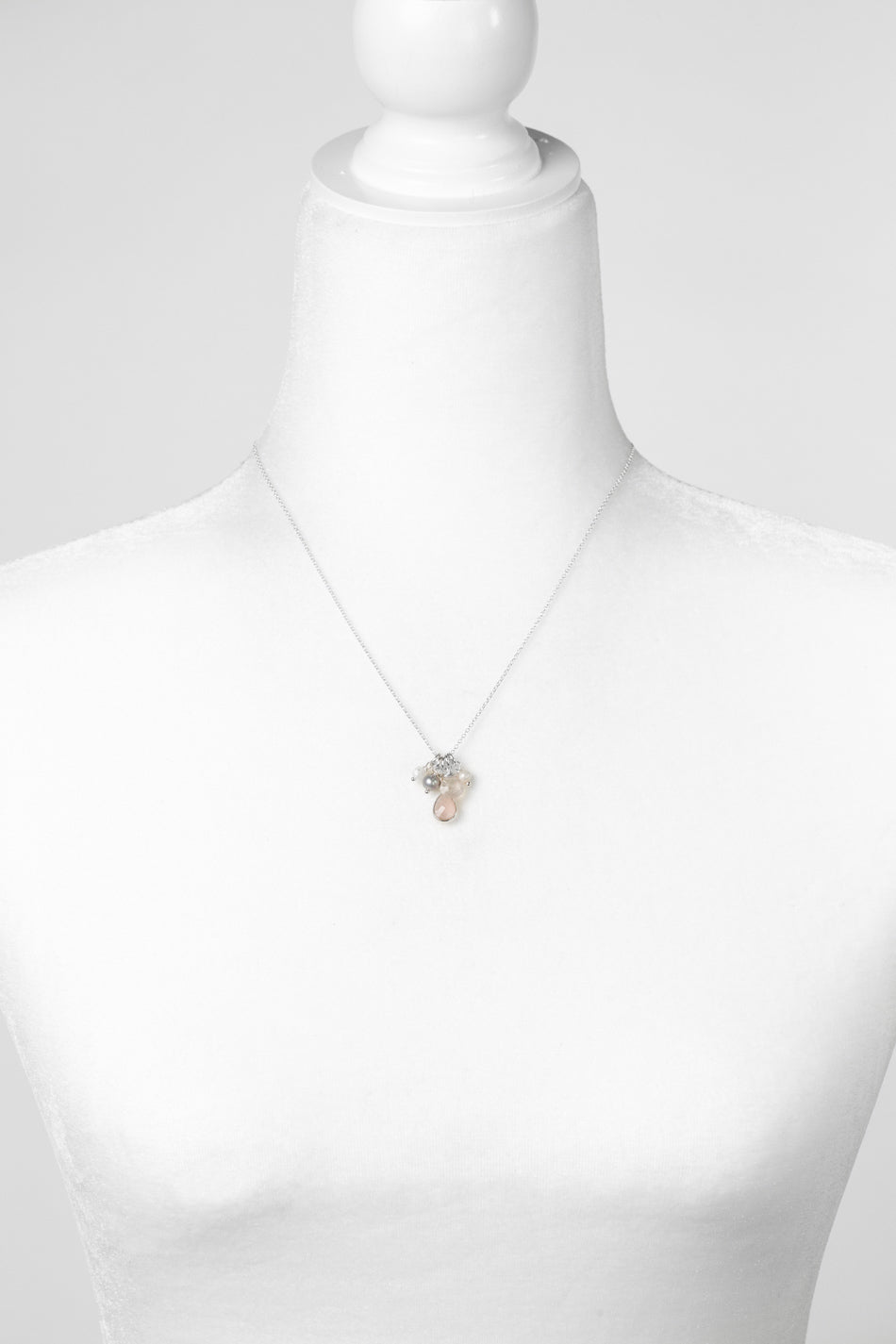 Blush 16.5-18.5" Faceted Rose Quartz Teardrop With Freshwater Pearl, Rainbow Moonstone, And Grey Freshwater Pearl Cluster Necklace