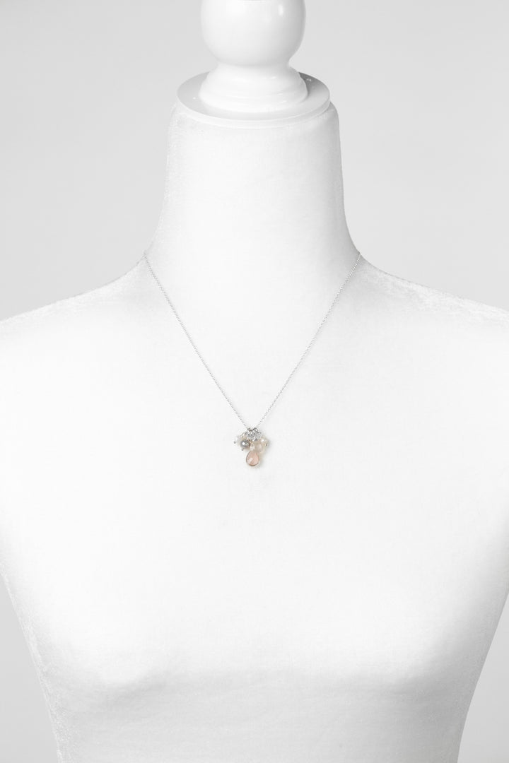 Blush 16.5-18.5" Faceted Rose Quartz Teardrop With Freshwater Pearl, Rainbow Moonstone, And Grey Freshwater Pearl Cluster Necklace