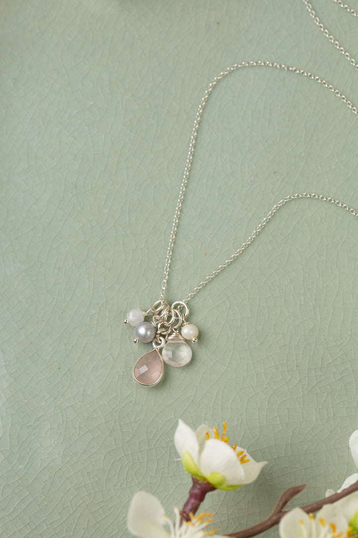 Blush 16.5-18.5" Faceted Rose Quartz Teardrop With Freshwater Pearl, Rainbow Moonstone, And Grey Freshwater Pearl Cluster Necklace