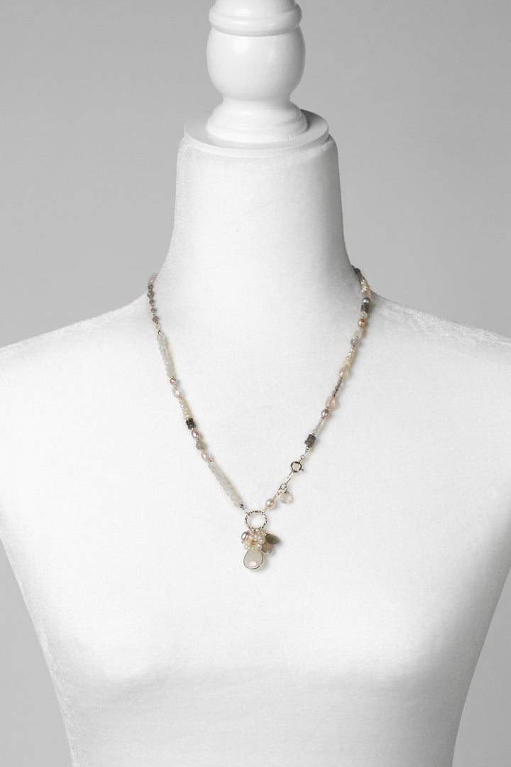 Blush 22" Labradorite, Freshwater Pearl, Rainbow Moonstone With Rose Quartz Heart Bezel Statement Necklace