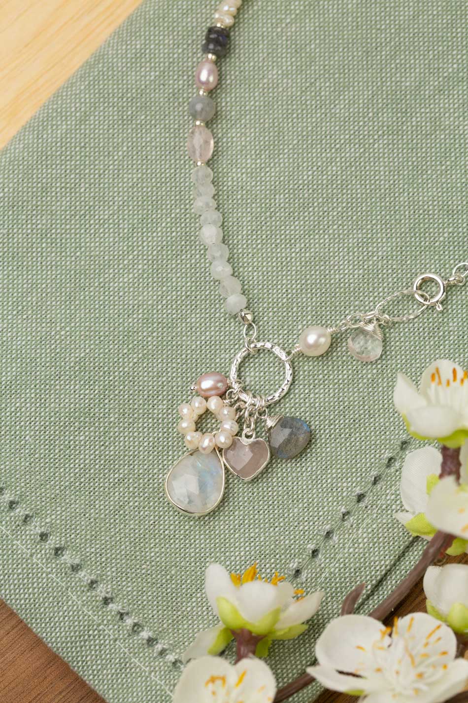 Blush 22" Labradorite, Freshwater Pearl, Rainbow Moonstone With Rose Quartz Heart Bezel Statement Necklace