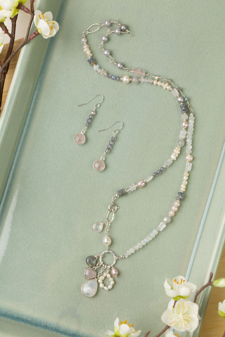 Blush 22" Labradorite, Freshwater Pearl, Rainbow Moonstone With Rose Quartz Heart Bezel Statement Necklace