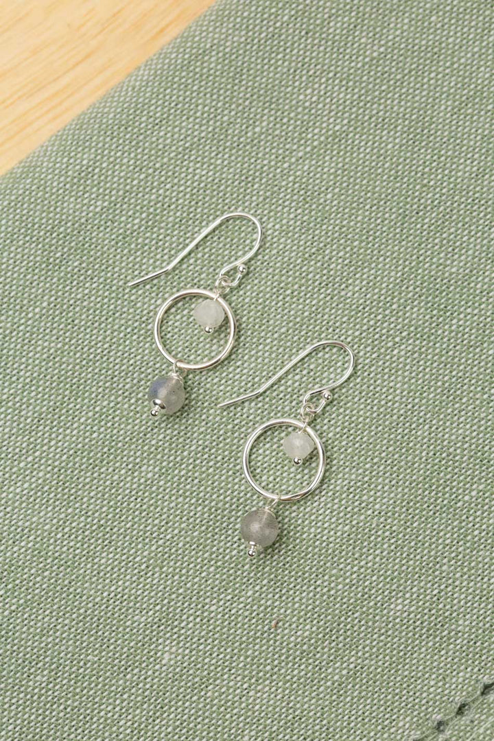 Blush Sterling Silver Hoop With Rainbow Moonstone And Labradorite Dangle Simple Earrings