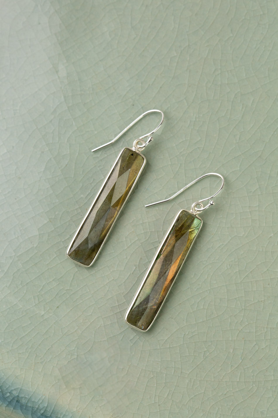 Blush Faceted Labradorite Silver Plated Long Rectangle Bezel Simple Earrings