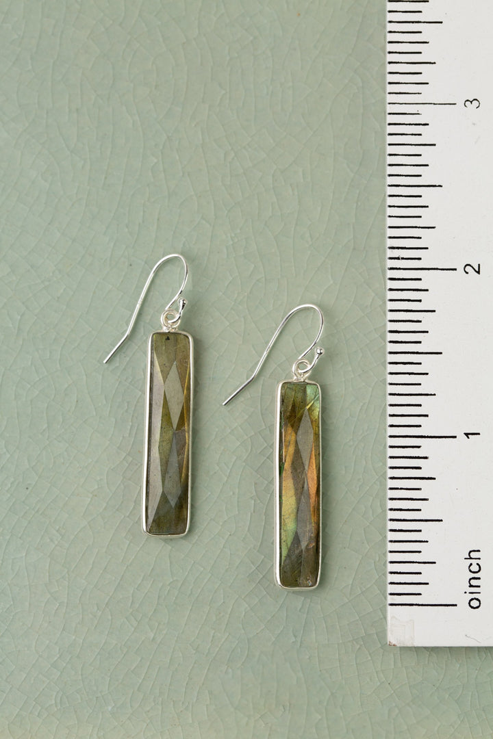 Blush Faceted Labradorite Silver Plated Long Rectangle Bezel Simple Earrings