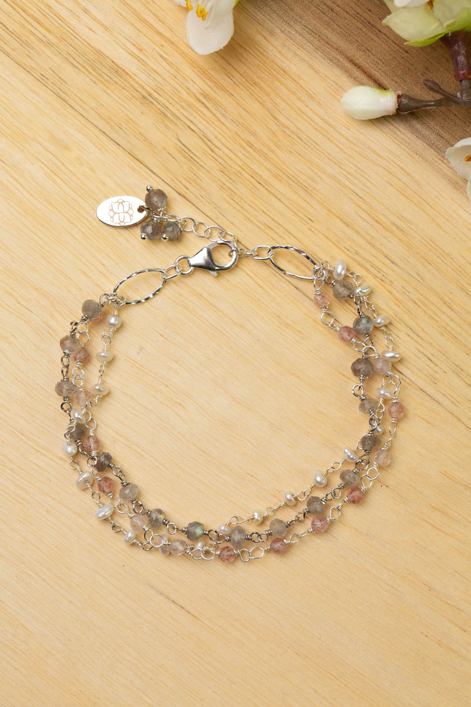 Blush 7.5-8.5" Labradorite, Strawberry Quartz, Freshwater Pearl Multistrand Bracelet