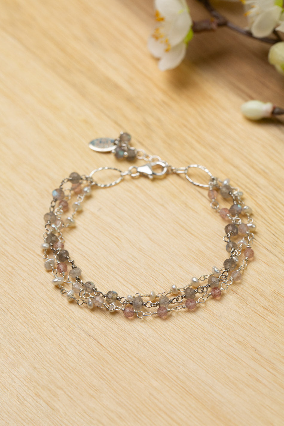 Blush 7.5-8.5" Labradorite, Strawberry Quartz, Freshwater Pearl Multistrand Bracelet