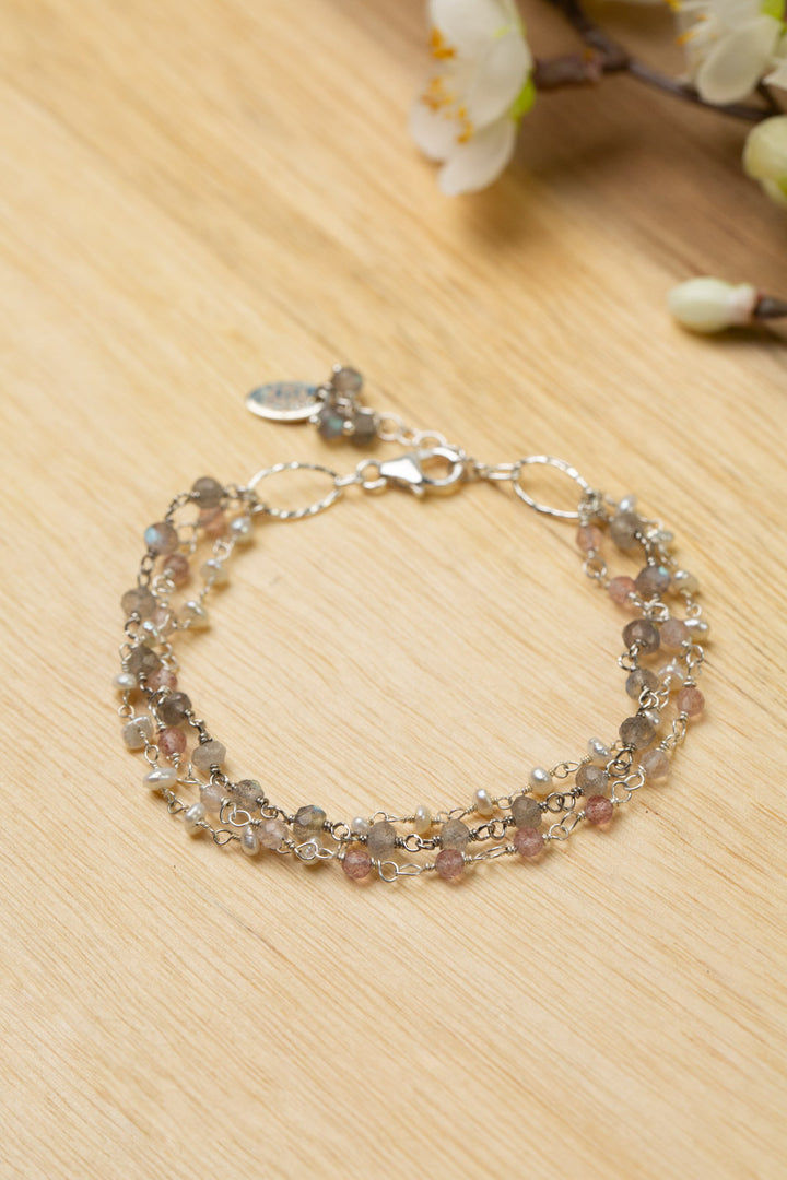 Blush 7.5-8.5" Labradorite, Strawberry Quartz, Freshwater Pearl Multistrand Bracelet