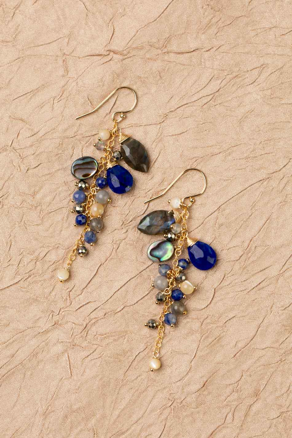 Blue Moon Labradorite, Lapis Lazuli, Abalone Shell, Mother Of Pearl, Pyrite Cluster Earrings