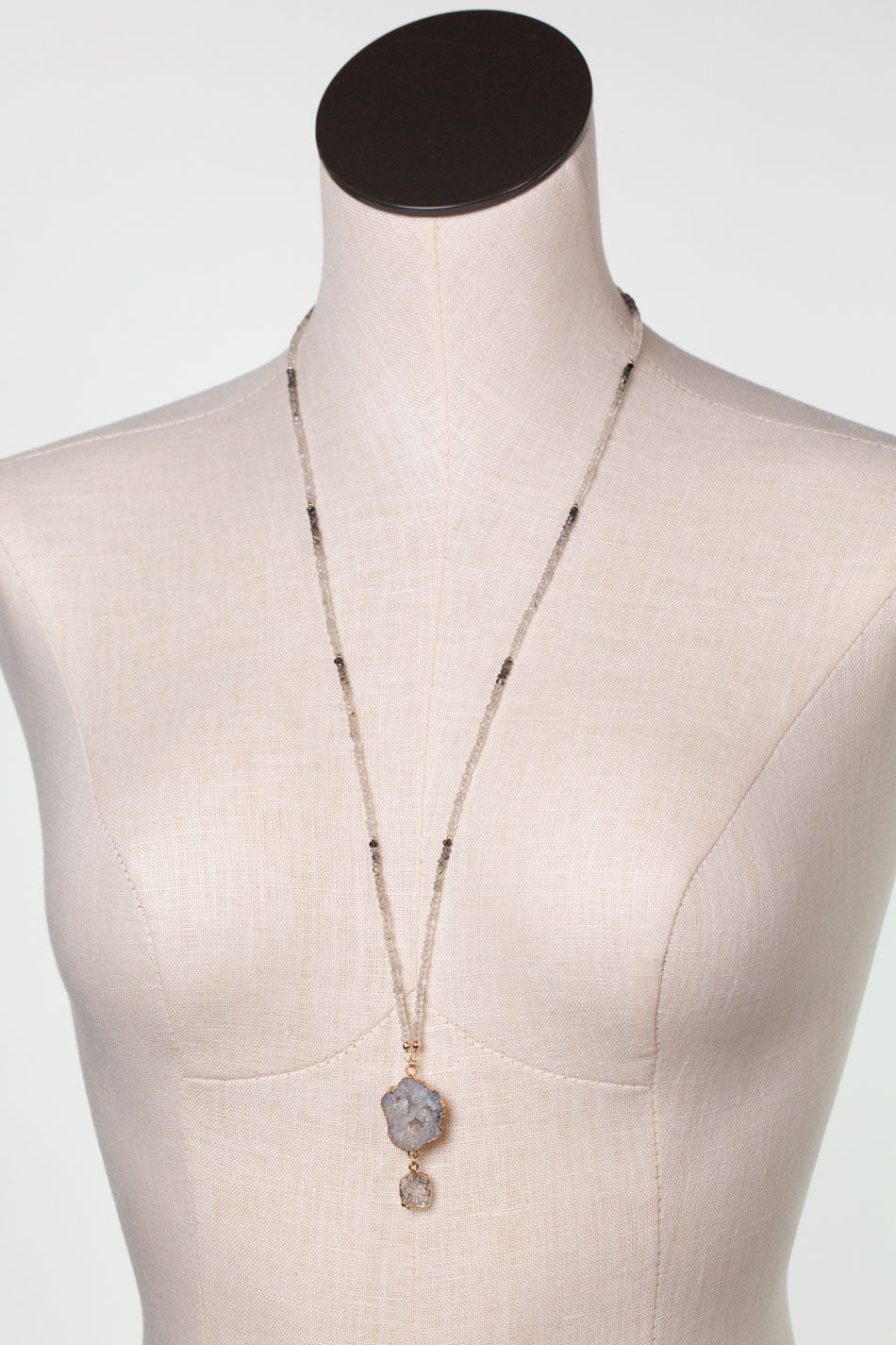 Black Rutilated Quartz 28.5-30.5" Black Tourmaline, Rutilated Quartz with Gold Plated Druzy Geode Bezel Statement Necklace