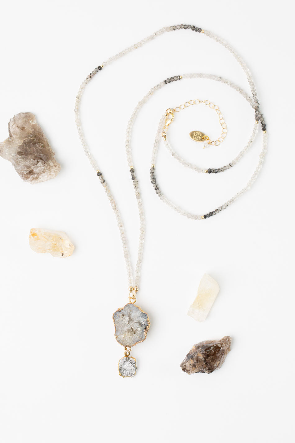 Black Rutilated Quartz 28.5-30.5" Black Tourmaline, Rutilated Quartz with Gold Plated Druzy Geode Bezel Statement Necklace