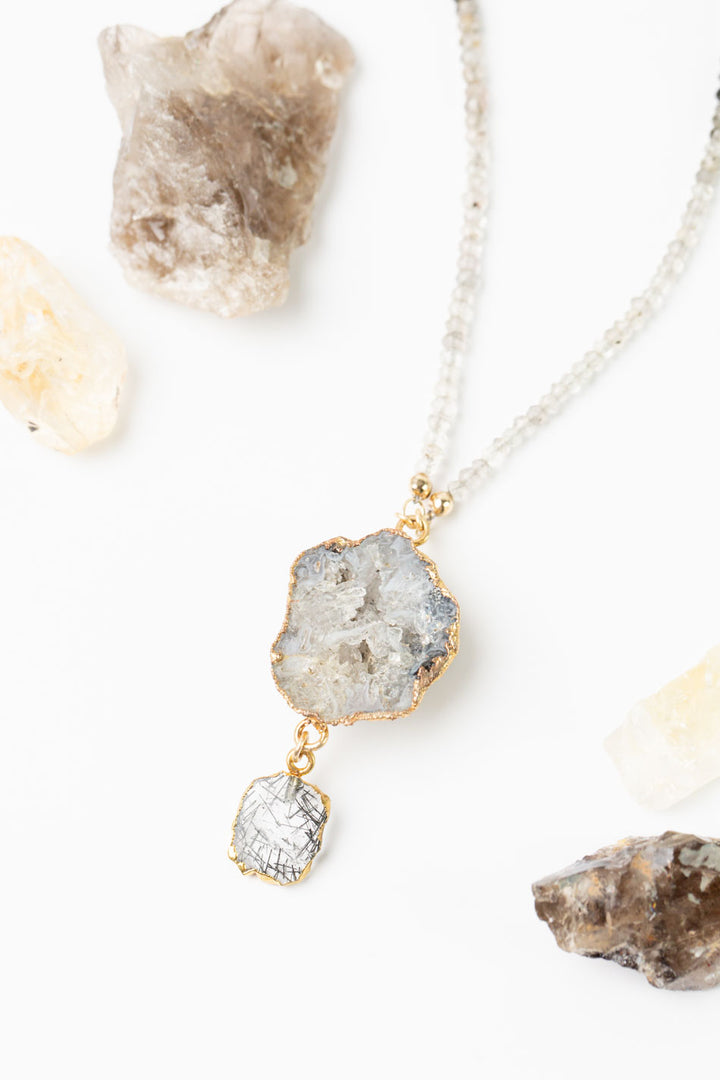 Black Rutilated Quartz 28.5-30.5" Black Tourmaline, Rutilated Quartz with Gold Plated Druzy Geode Bezel Statement Necklace