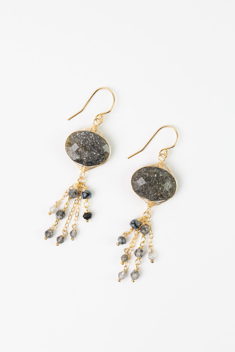 Black Rutilated Quartz Druzy With Faceted Black Tourmaline And Rutilated Quartz Herringbone Earrings