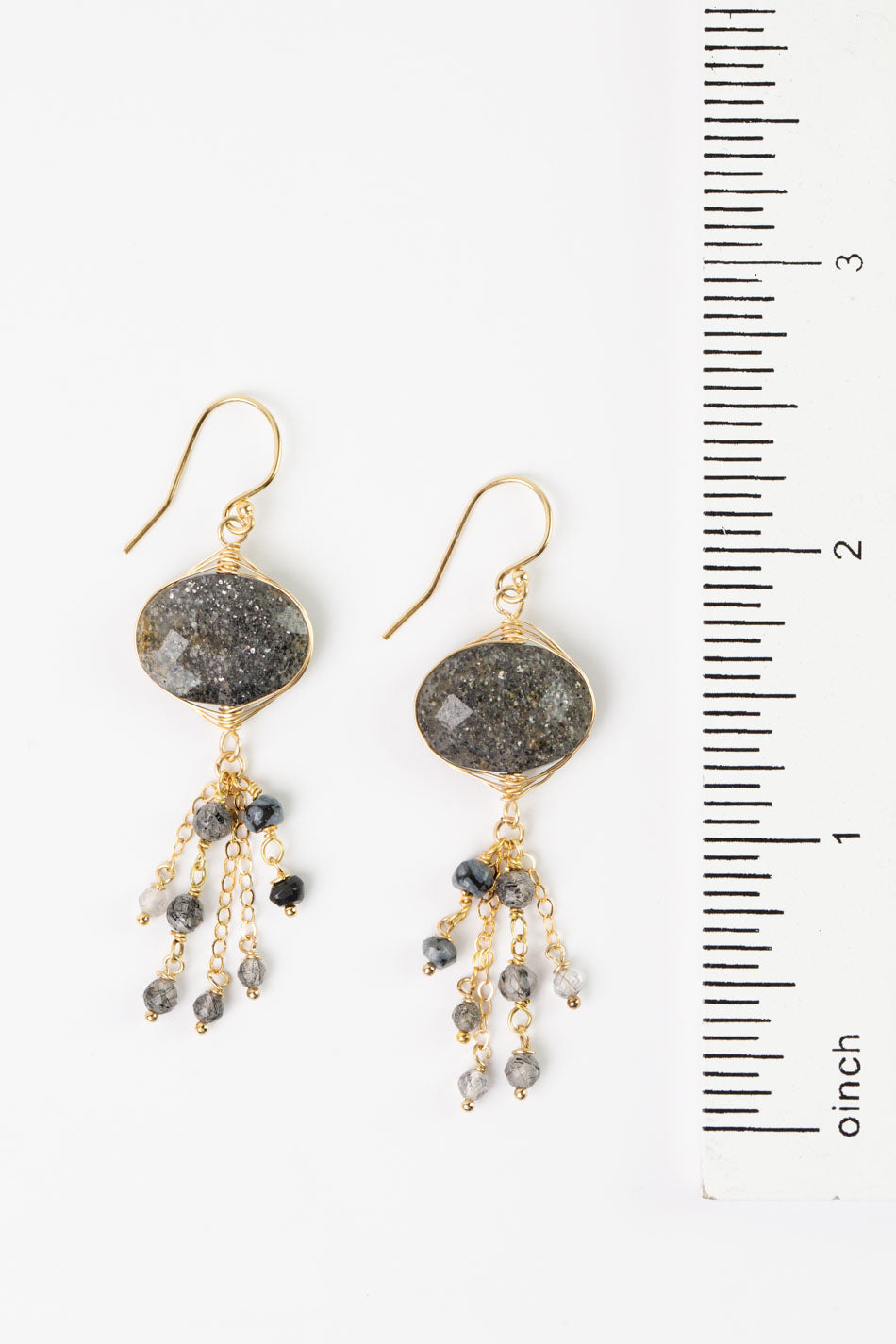 Black Rutilated Quartz Druzy With Faceted Black Tourmaline And Rutilated Quartz Herringbone Earrings