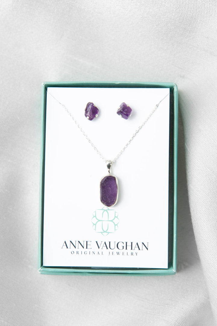 Birthstone 16-20.5" February Natural Amethyst Pendant Necklace And Earrings Set