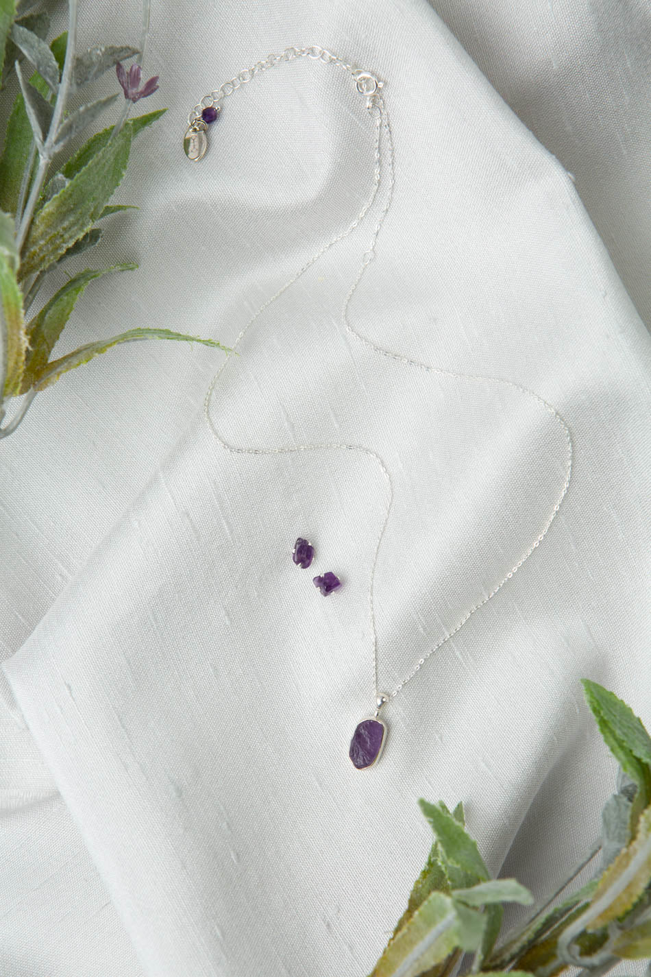 Birthstone 16-20.5" February Natural Amethyst Pendant Necklace And Earrings Set