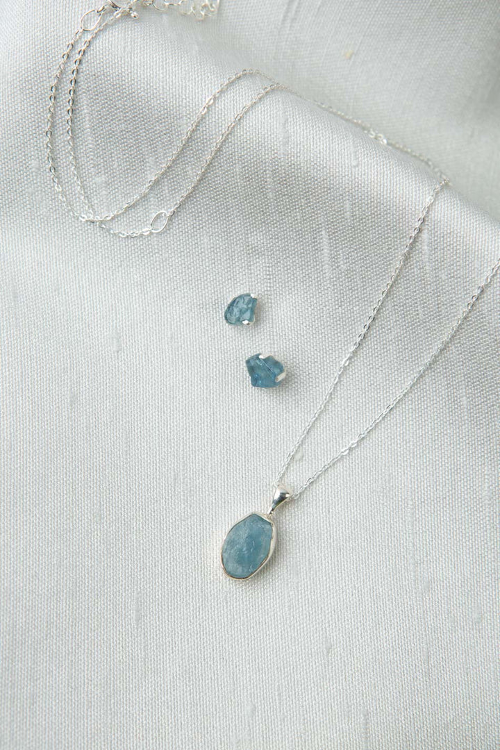 Birthstone 16-20.5" March Natural Aquamarine Pendant Necklace And Earrings Set