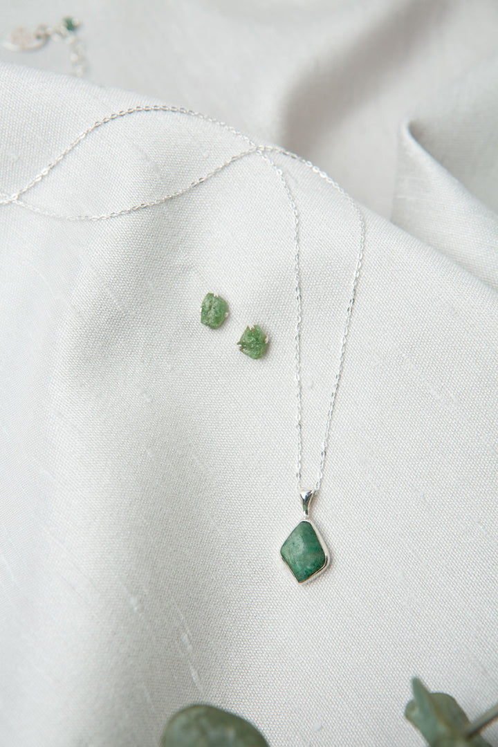 Birthstone 16-20.5" May Natural Emerald Pendant Necklace And Earrings Set