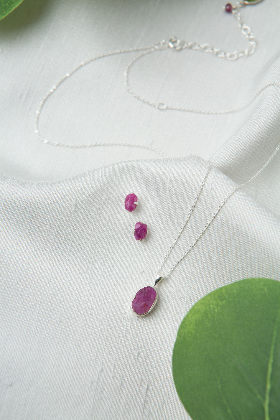 Birthstone 16-20.5" July Natural Ruby Pendant Necklace And Earrings Set