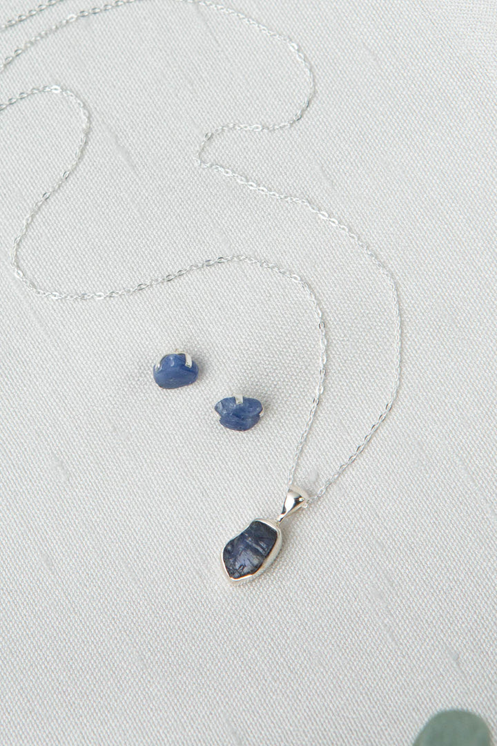 Birthstone 16-20.5" September Natural Blue Sapphire Pendant Necklace And Earrings Set