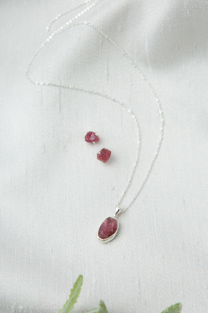 Birthstone 16-20.5" October Natural Pink Tourmaline Pendant Necklace And Earrings Set