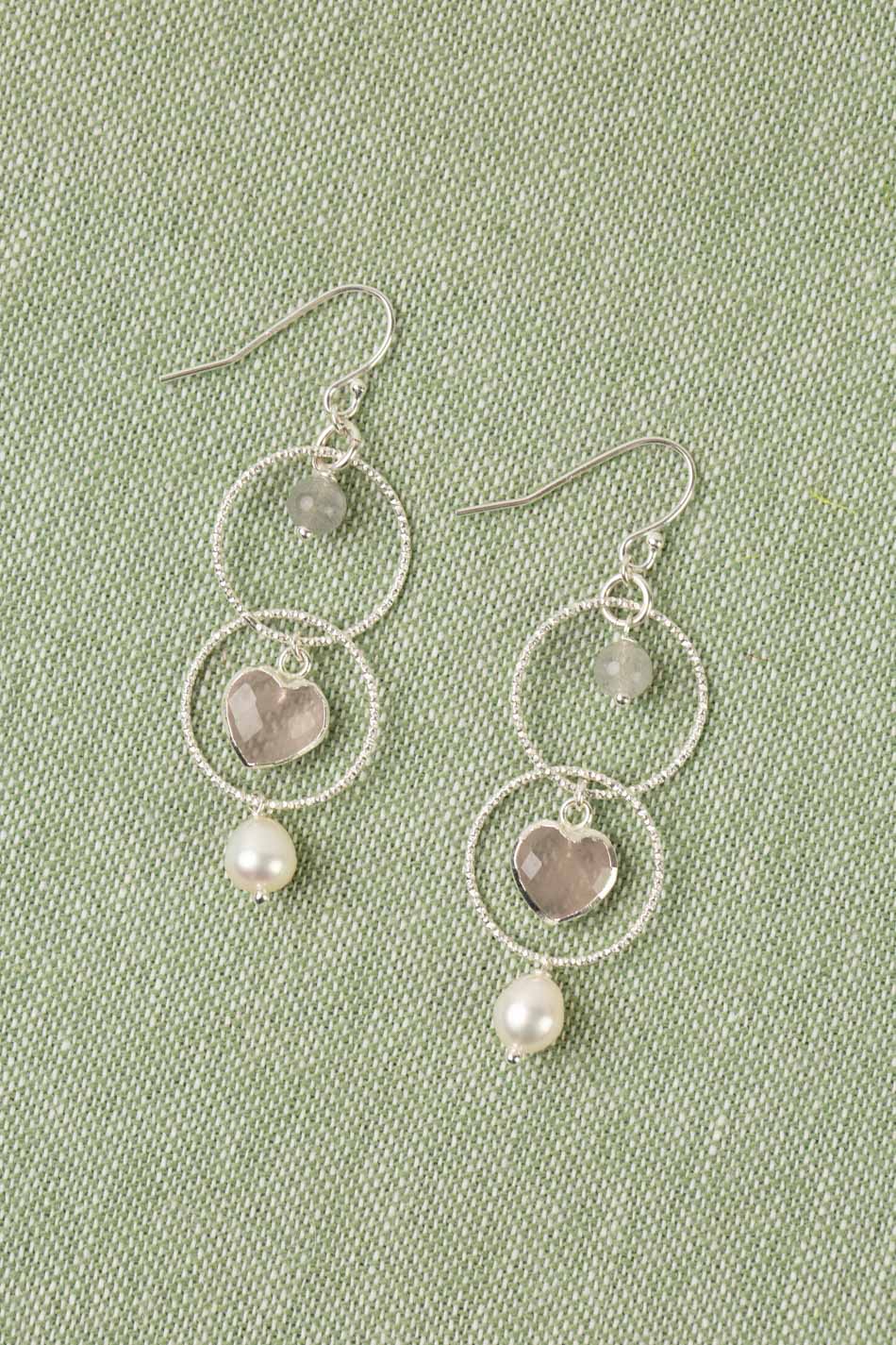 Blush Diamond Cut Sterling Silver Hoop Chain With Labradorite, Freshwater Pearl, And Faceted Rose Quartz Dangle Earrings