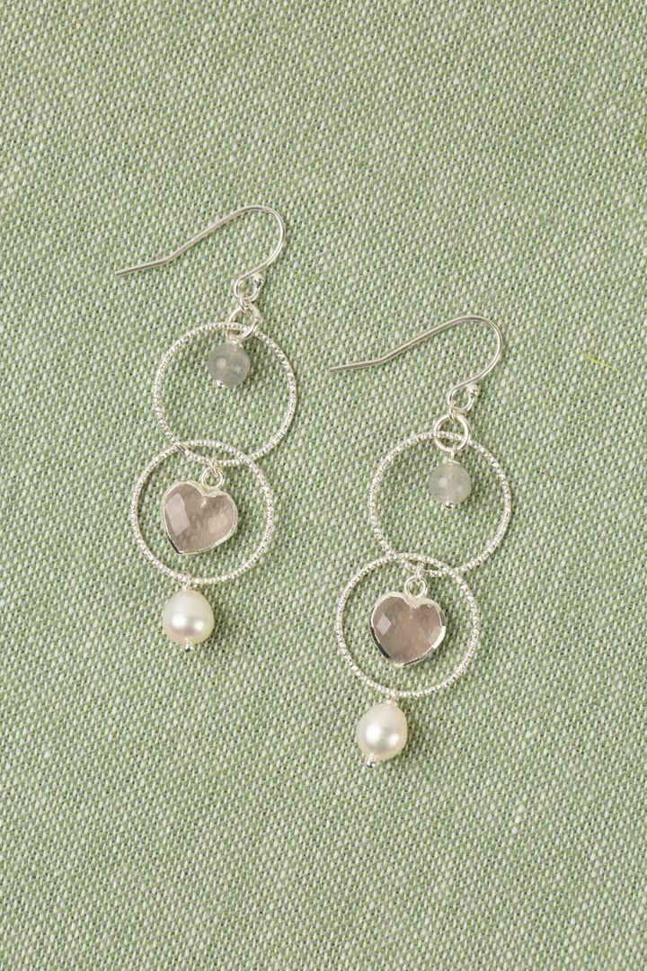 Blush Diamond Cut Sterling Silver Hoop Chain With Labradorite, Freshwater Pearl, And Faceted Rose Quartz Dangle Earrings