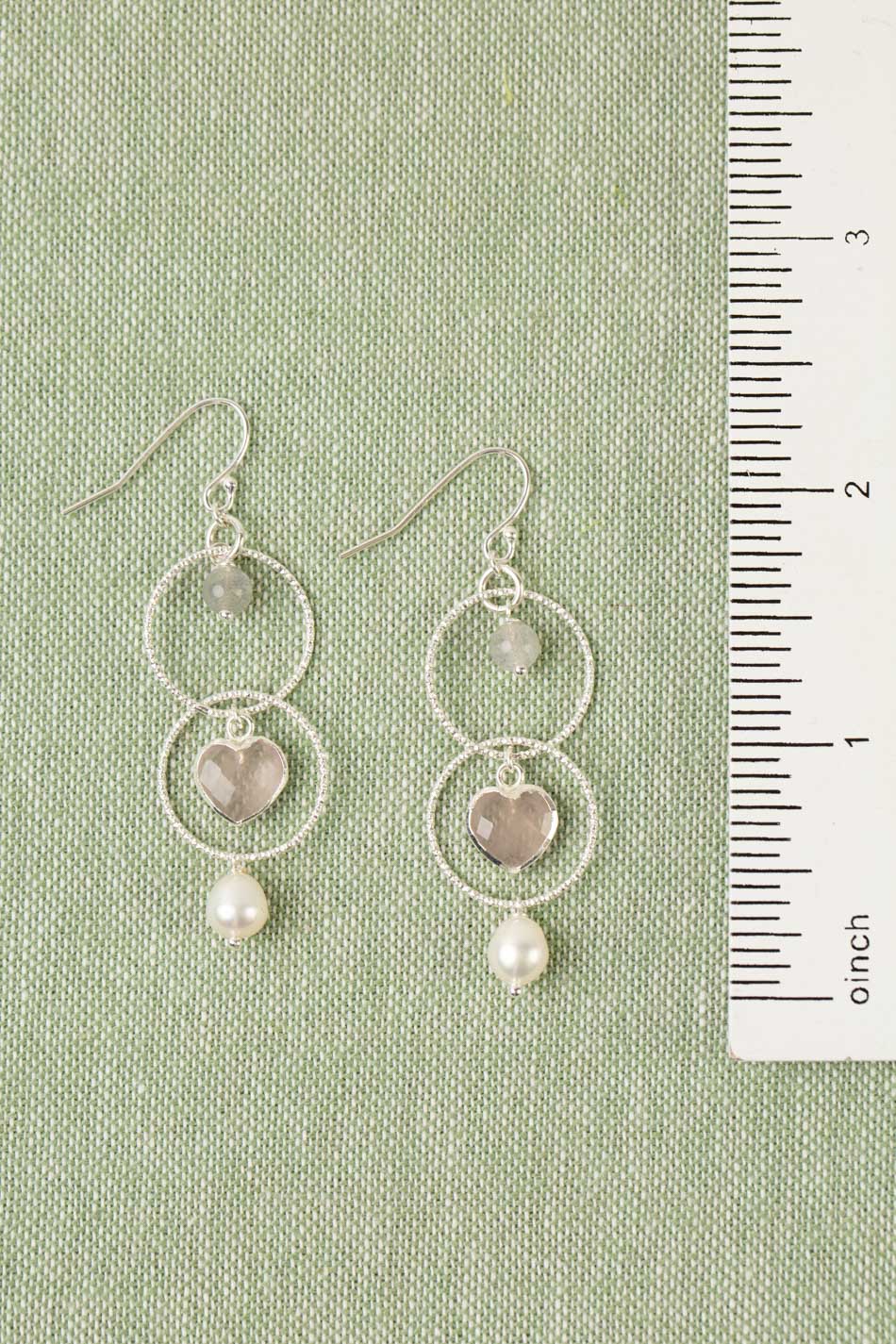 Blush Diamond Cut Sterling Silver Hoop Chain With Labradorite, Freshwater Pearl, And Faceted Rose Quartz Dangle Earrings