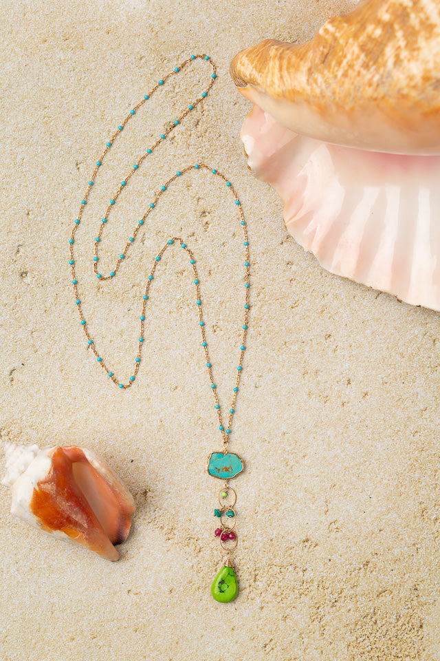 Caribbean 28" Ruby Jade With Turquoise Tassel Necklace