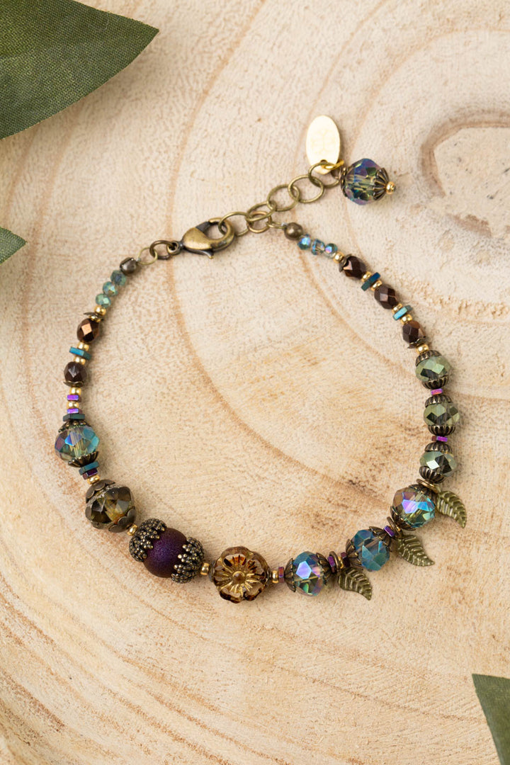Crisp Autumn 7.5-8.5" Faceted Crystal, Czech Glass Flower, Antique Brass Leaves Collage Bracelet