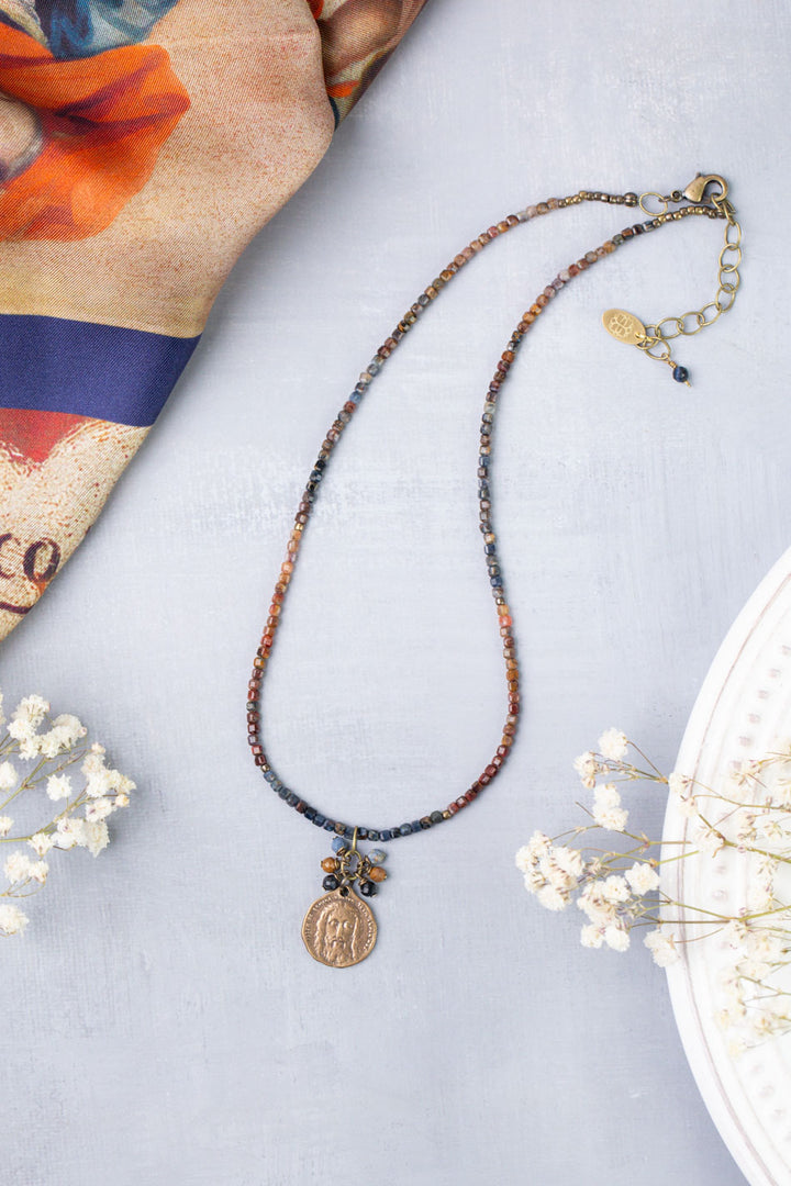 Sacred Heart 15-17" Pietersite With Vintage Coin Pendant Simple Necklace
