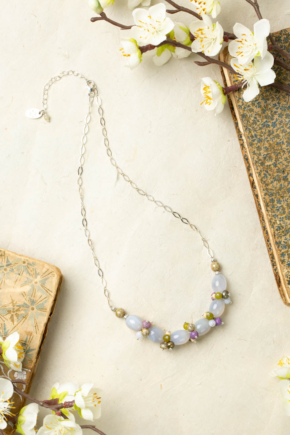 Cave Spring 15.25-17.25" Phosphosiderite, Olive Jade, Freshwater Pearl With Blue Lace Chalcedony Cluster Necklace