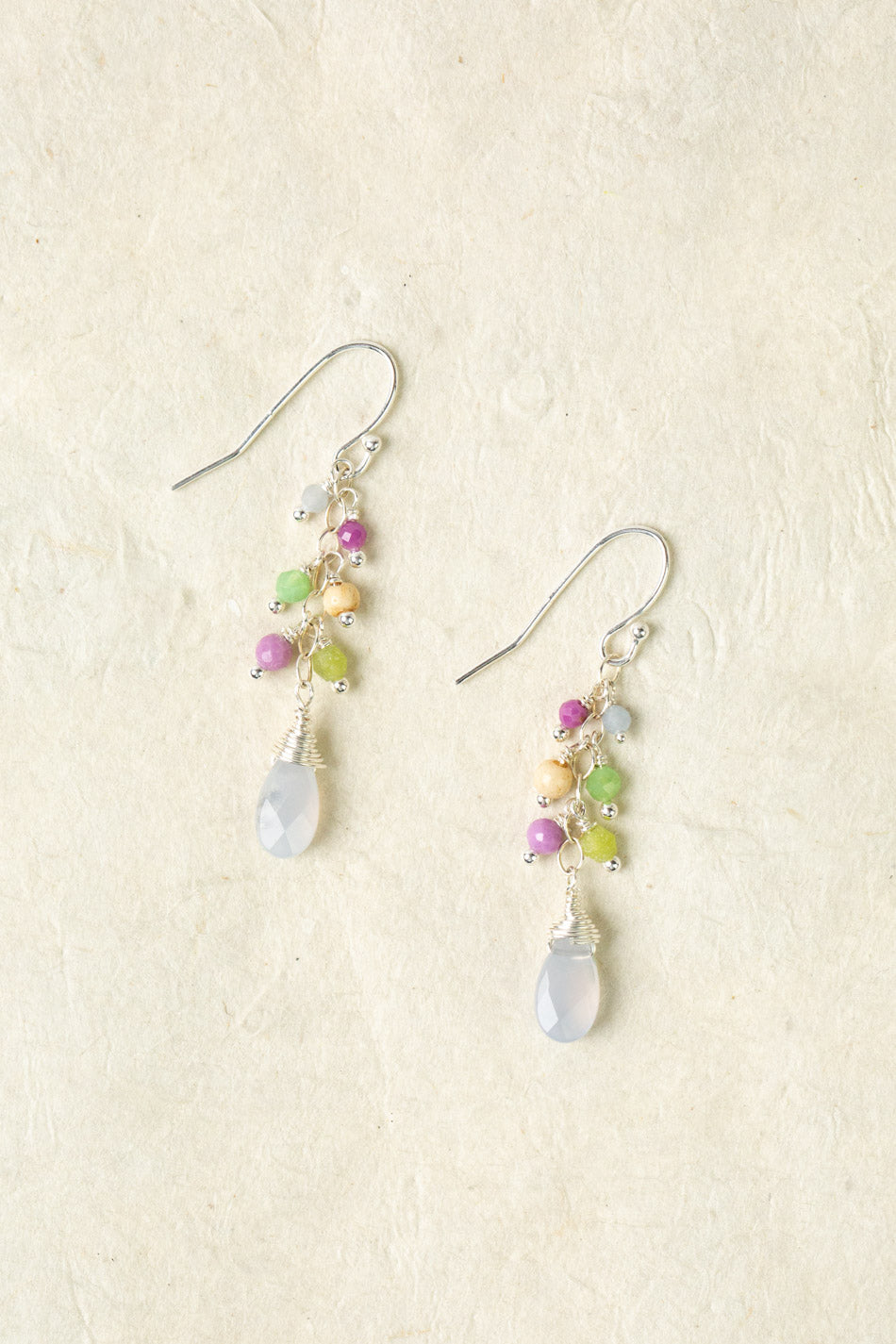 Cave Spring Phosphosiderite, Olive Jade, Chrysoprase With Blue Lace Chalcedony Cluster Earrings