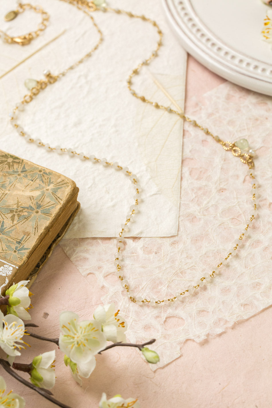 Contentment 35.5-37.5" Rainbow Moonstone, Prehnite, Pearl Collage Necklace