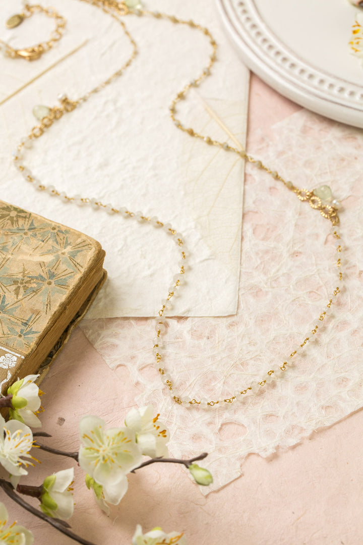 Contentment 35.5-37.5" Rainbow Moonstone, Prehnite, Pearl Collage Necklace