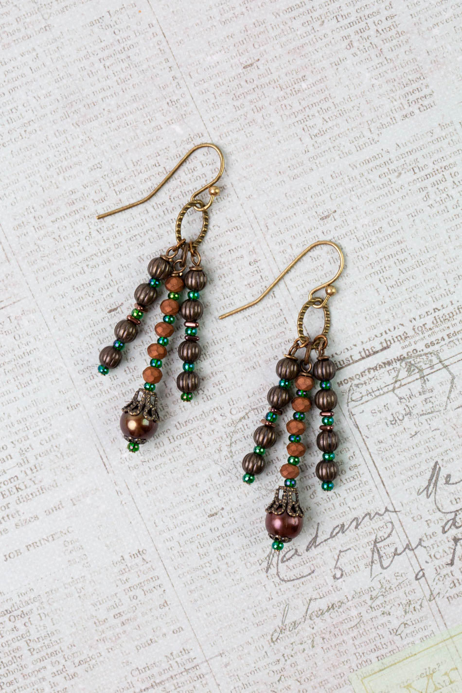 Crisp Autumn Czech Glass, Freshwater Pearl Dangle Earrings
