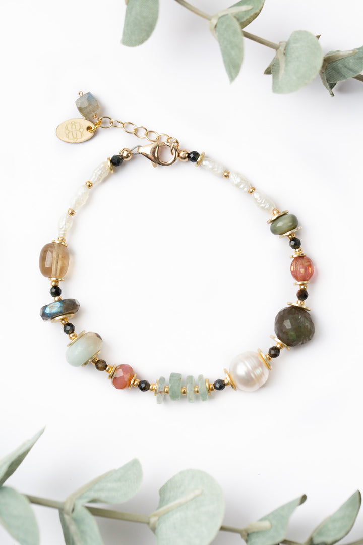 Dreams & Flowers 7.5-8.5" Pearl, Labradorite, Aquamarine Simple Bracelet