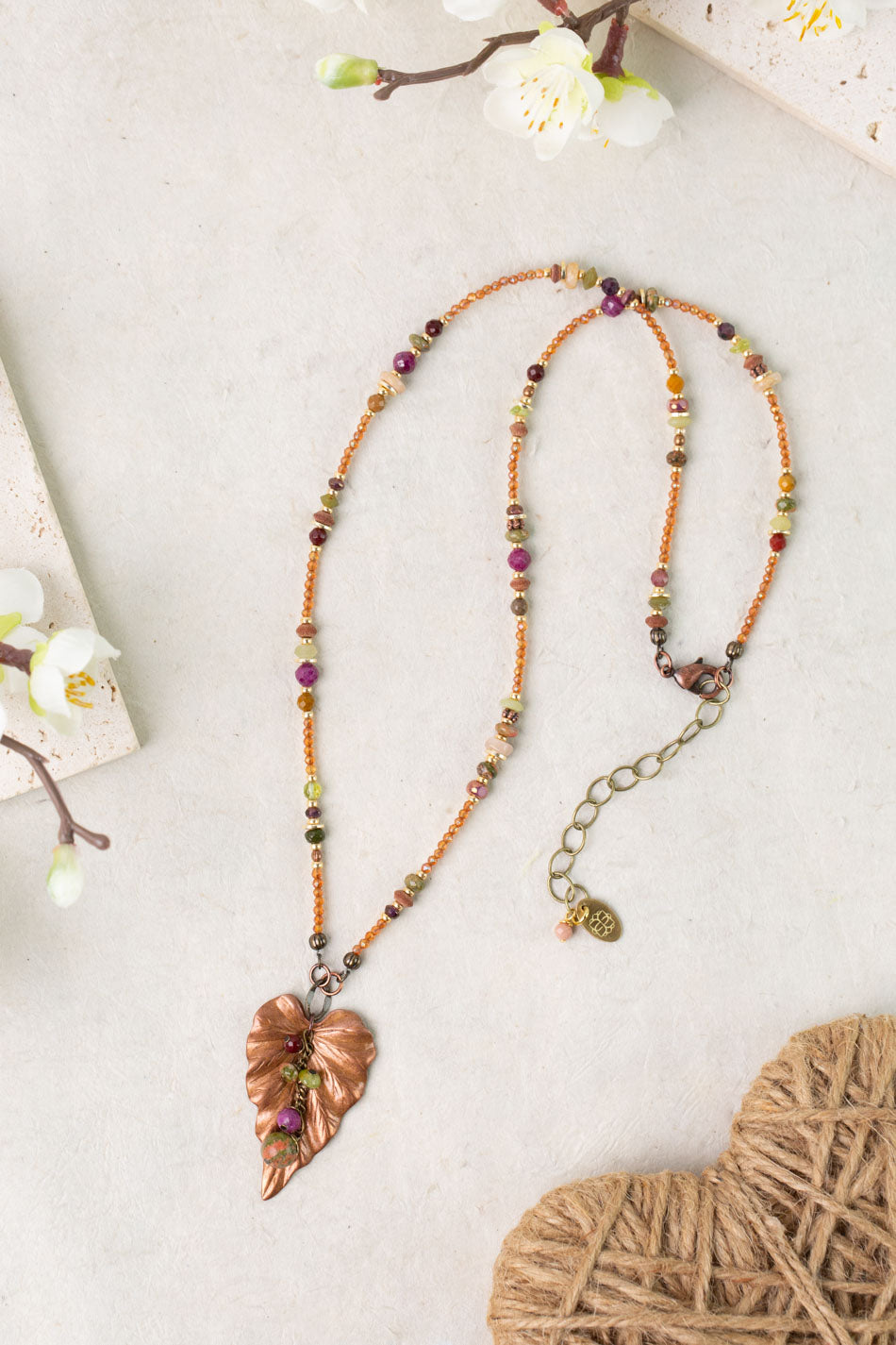 Dominion 19.5-21.5" Mookaite, Peridot, Unakite With Antique Copper Leaf Pendant Simple Necklace