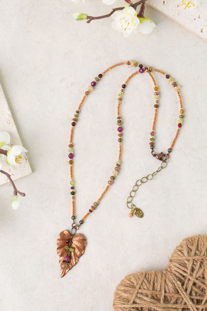 Dominion 19.5-21.5" Mookaite, Peridot, Unakite With Antique Copper Leaf Pendant Simple Necklace