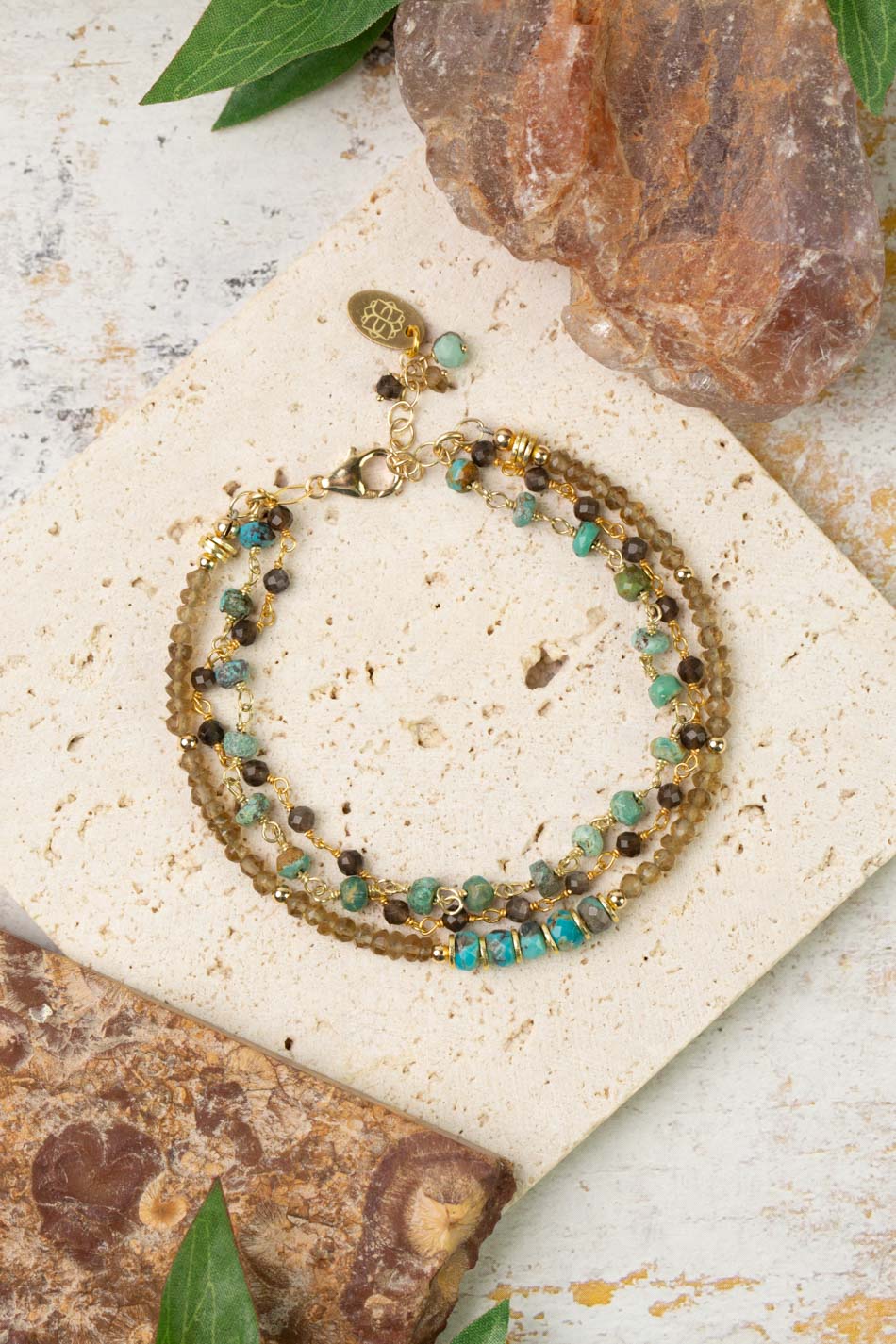 Desert Sunset 7.5-8.5" Smokey Quartz, Turquoise, Cats Eye Multistrand Bracelet