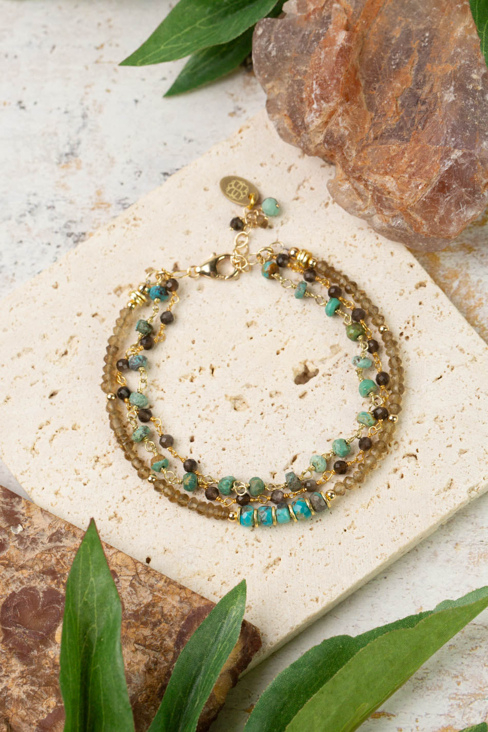 Desert Sunset 7.5-8.5" Smokey Quartz, Turquoise, Cats Eye Multistrand Bracelet
